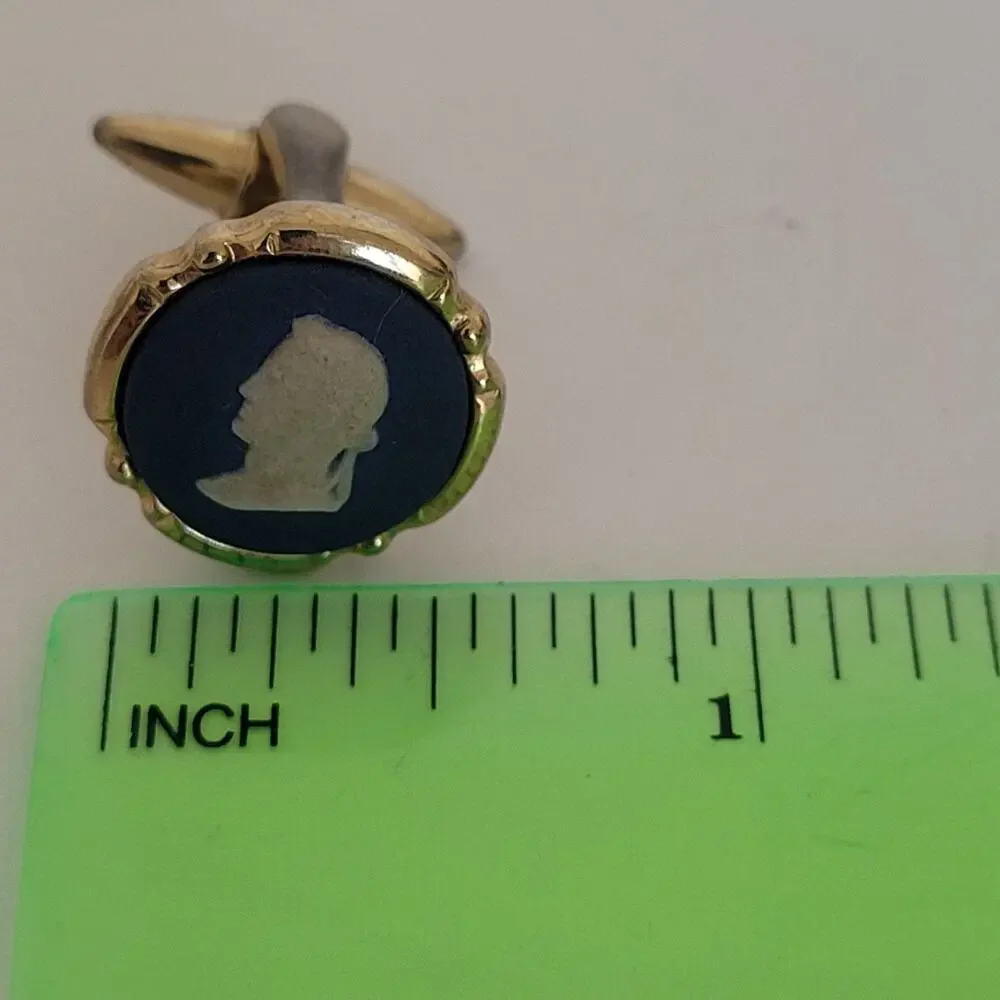 Wedgwood Jasperwear Cufflinks Set Gold Blue Tone Roman Emperor Round England